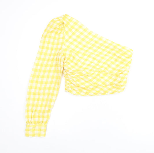 Zara Womens Yellow Geometric Polyester Jersey Blouse Size M One Shoulder