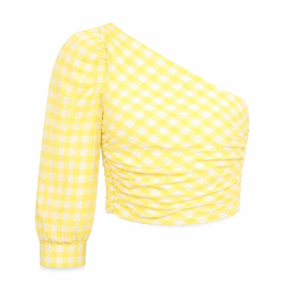 Zara Womens Yellow Geometric Polyester Jersey Blouse Size M One Shoulder
