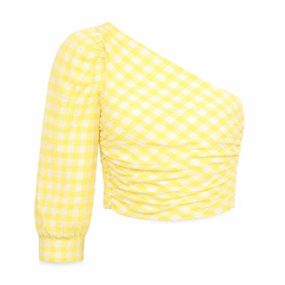 Zara Womens Yellow Geometric Polyester Jersey Blouse Size M One Shoulder