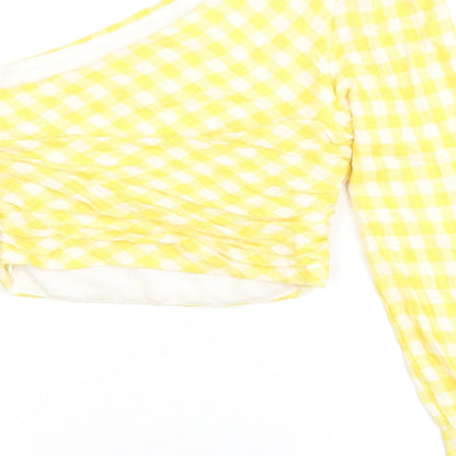 Zara Womens Yellow Geometric Polyester Jersey Blouse Size M One Shoulder