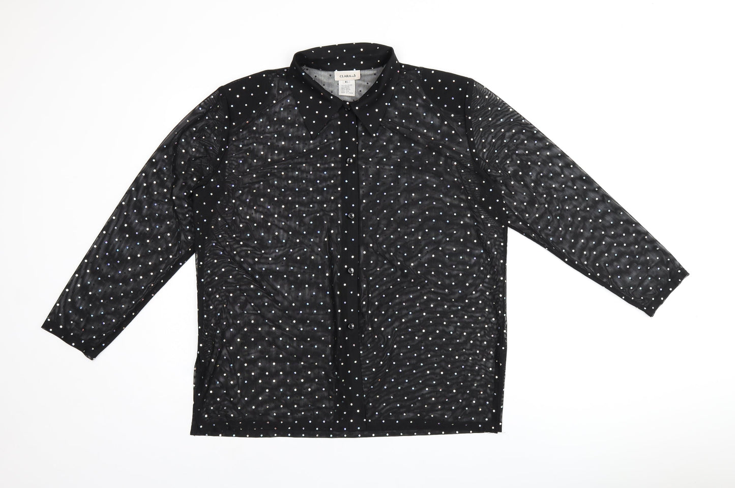 CLARA Womens Black Polka Dot Polyester Basic Button-Up Size XL Collared