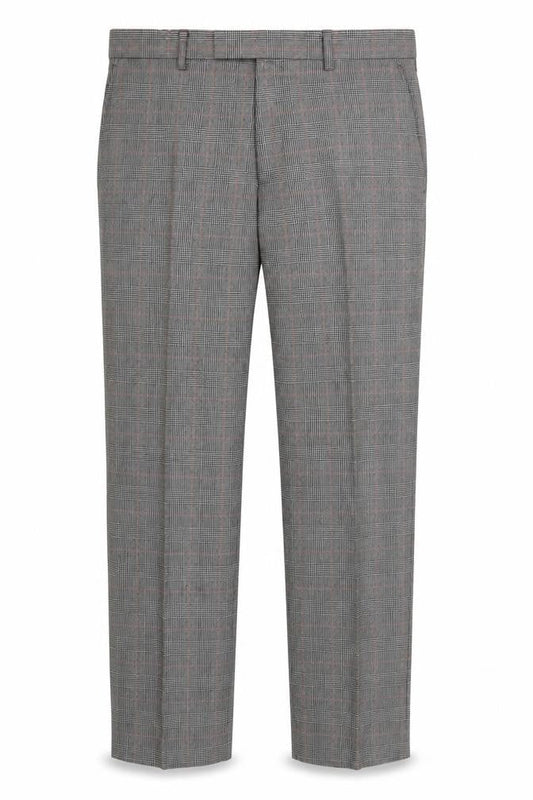 Front view of Savoy Taylors men’s grey plaid wool dress pants trousers, size 34, in, 28-inch leg regular zip