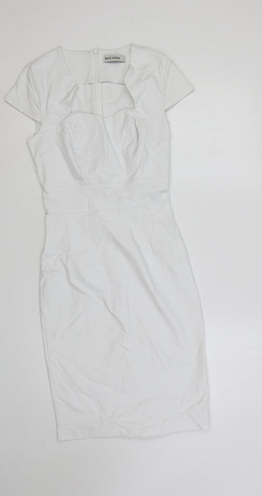 Grace Karin Womens White Rayon Pencil Dress Size S Sweetheart Zip