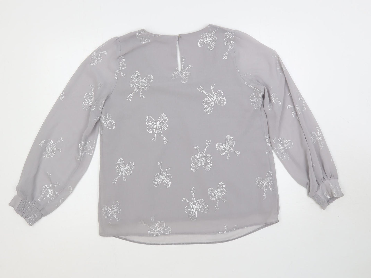 Wallis Womens Grey Geometric Polyester Basic Blouse Size S Round Neck - Bow Print Embellished
