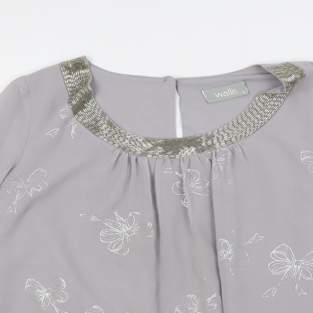 Wallis Womens Grey Geometric Polyester Basic Blouse Size S Round Neck - Bow Print Embellished