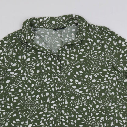 Close-up detail of Roman women’s green geometric polyester shirt dress, size UK 12, collared button