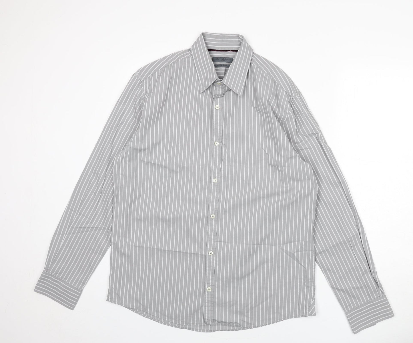 NEXT Mens Grey Striped Cotton Button-Up Size L Collared Button