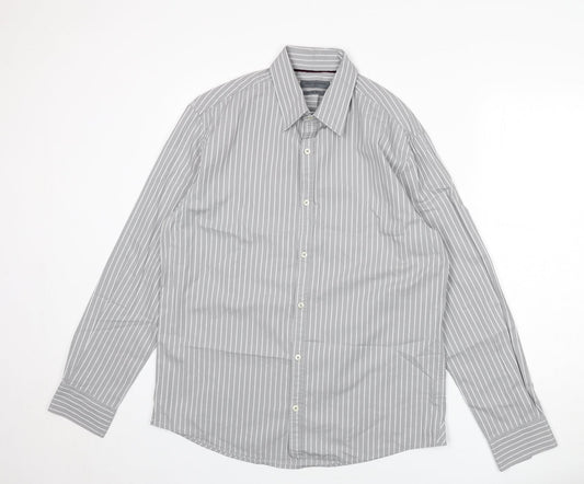 NEXT Mens Grey Striped Cotton Button-Up Size L Collared Button