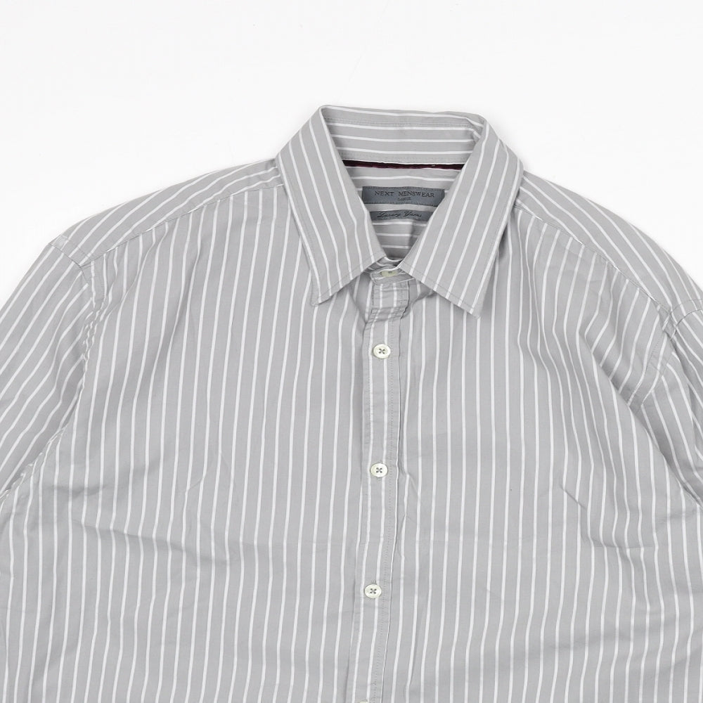 NEXT Mens Grey Striped Cotton Button-Up Size L Collared Button