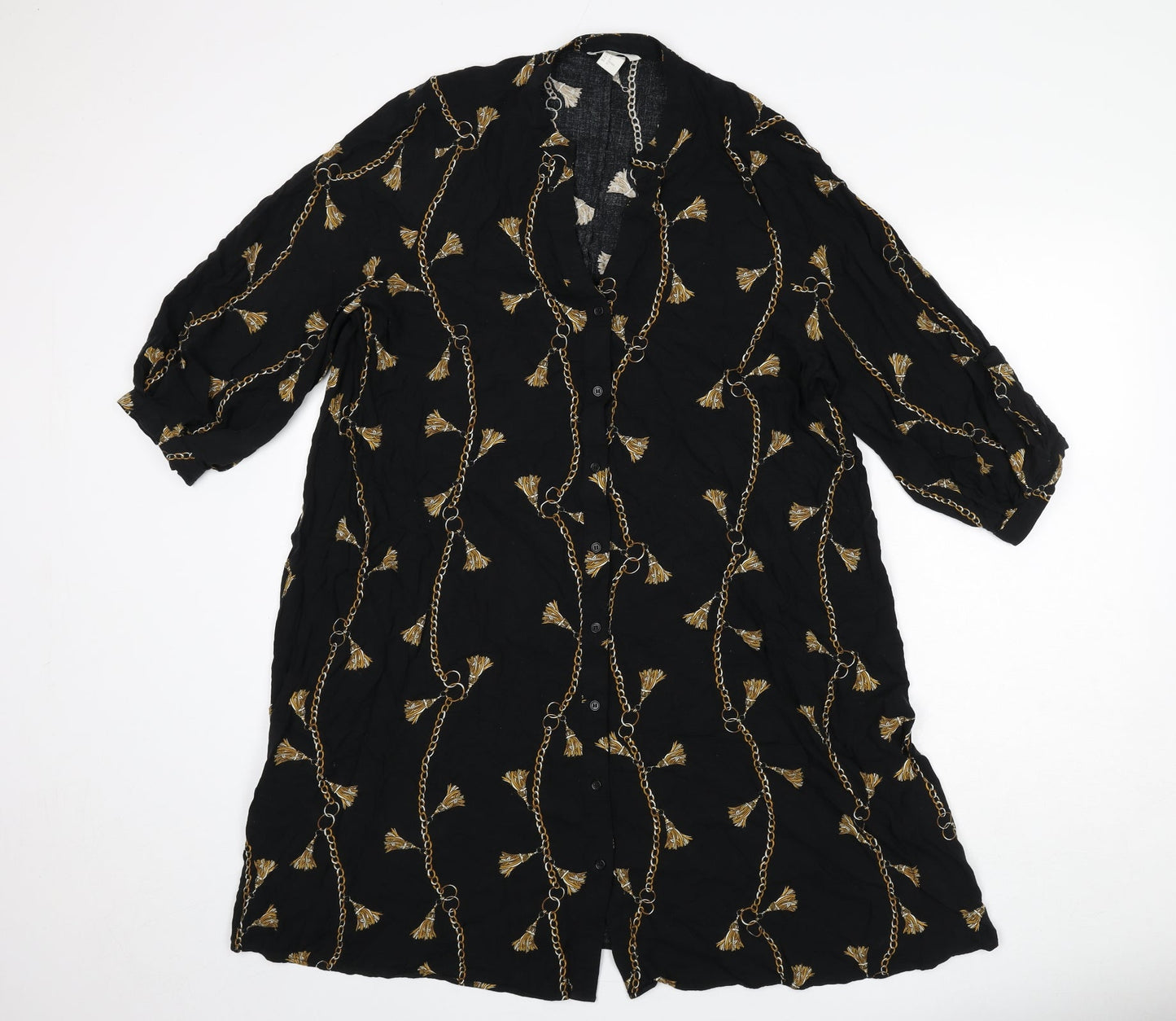 H&M Womens Black Geometric Viscose Shirt Dress Size 14 V-Neck Button