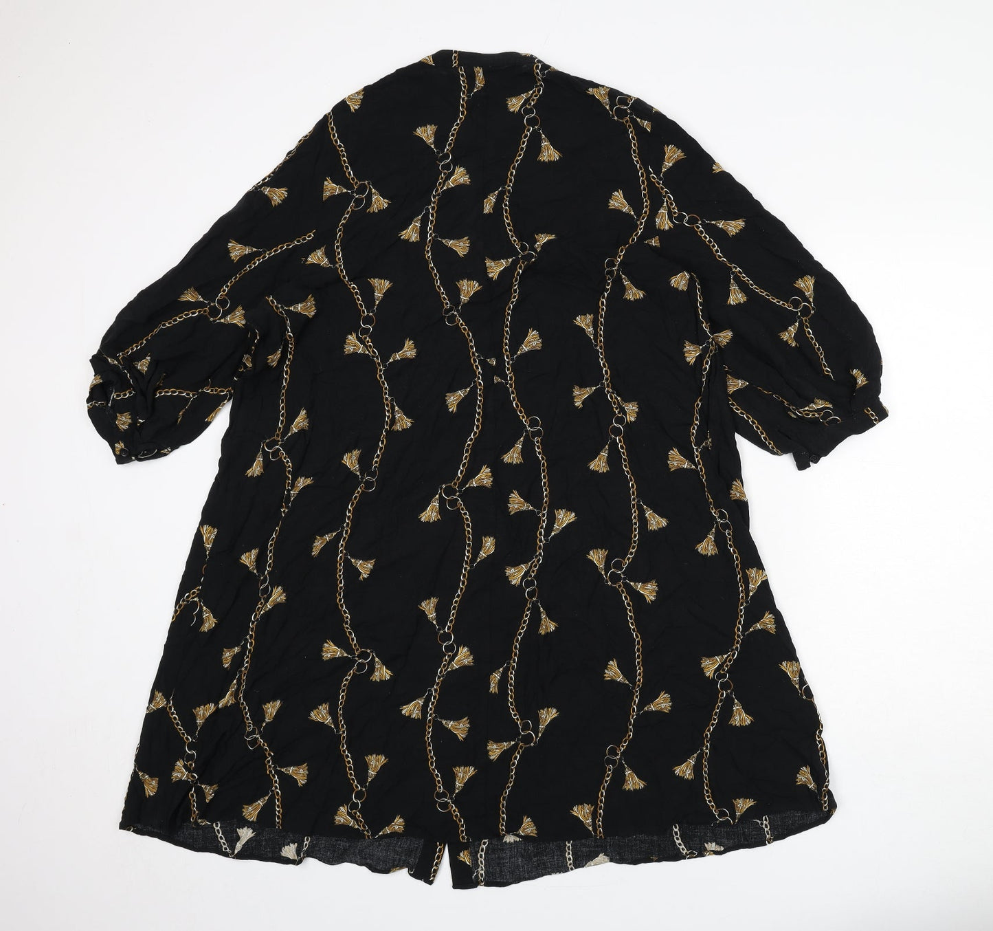H&M Womens Black Geometric Viscose Shirt Dress Size 14 V-Neck Button