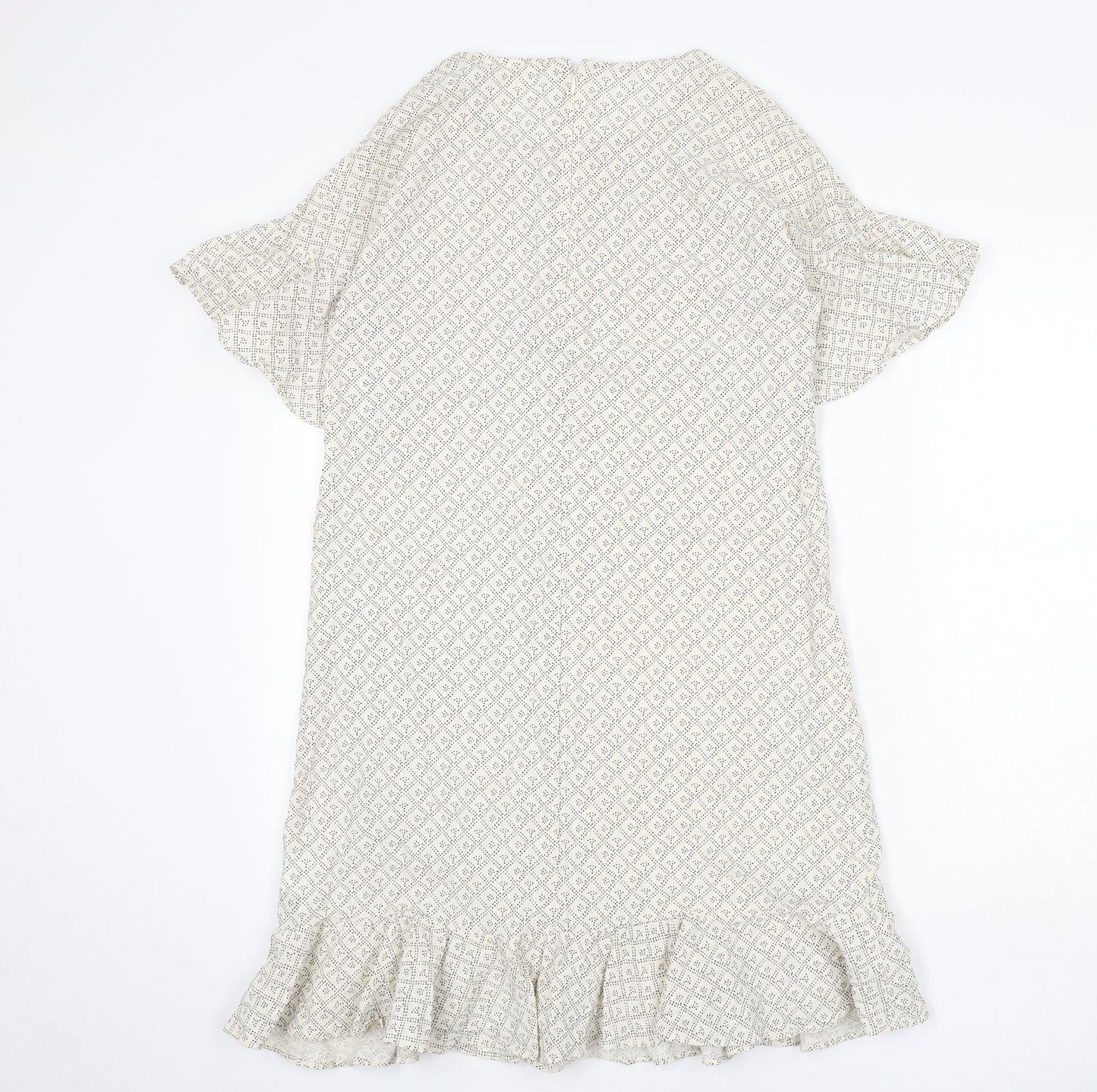 H&M Womens Beige Geometric Cotton A-Line Size 12 Round Neck Zip - Ruffle Detail