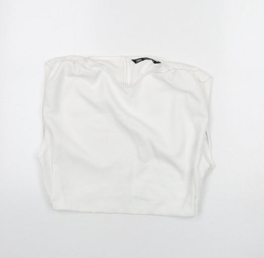 Zara Womens White Polyester Cropped Blouse Size M Round Neck