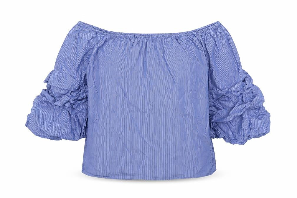 Zara Womens Blue Striped Cotton Basic Blouse Size XS Off the Shoulder - Ruffle Sleeves