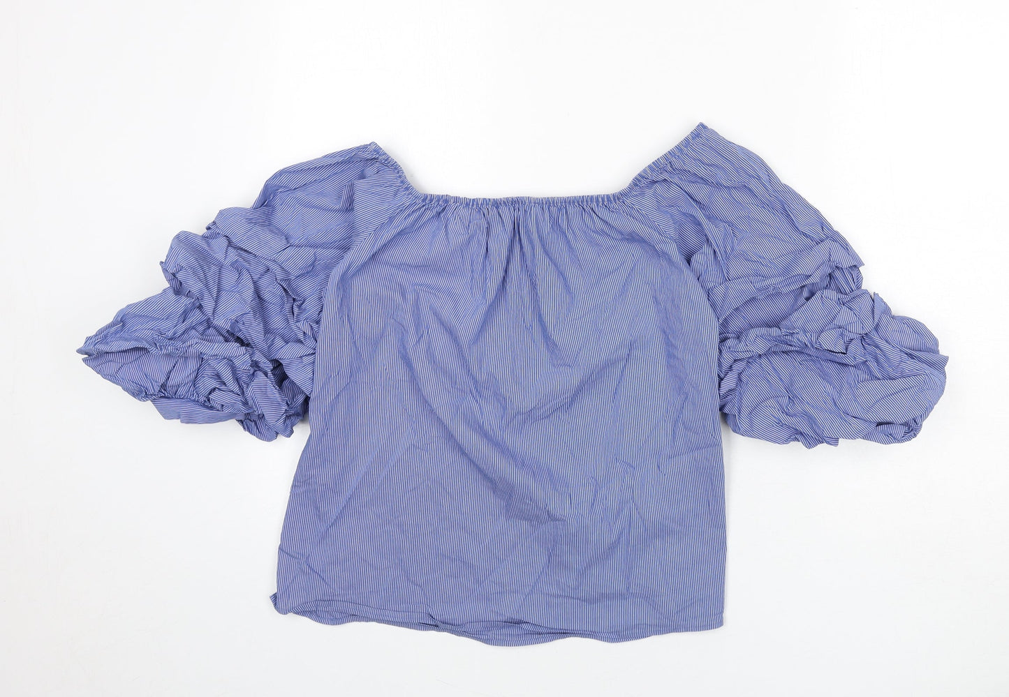 Zara Womens Blue Striped Cotton Basic Blouse Size XS Off the Shoulder - Ruffle Sleeves