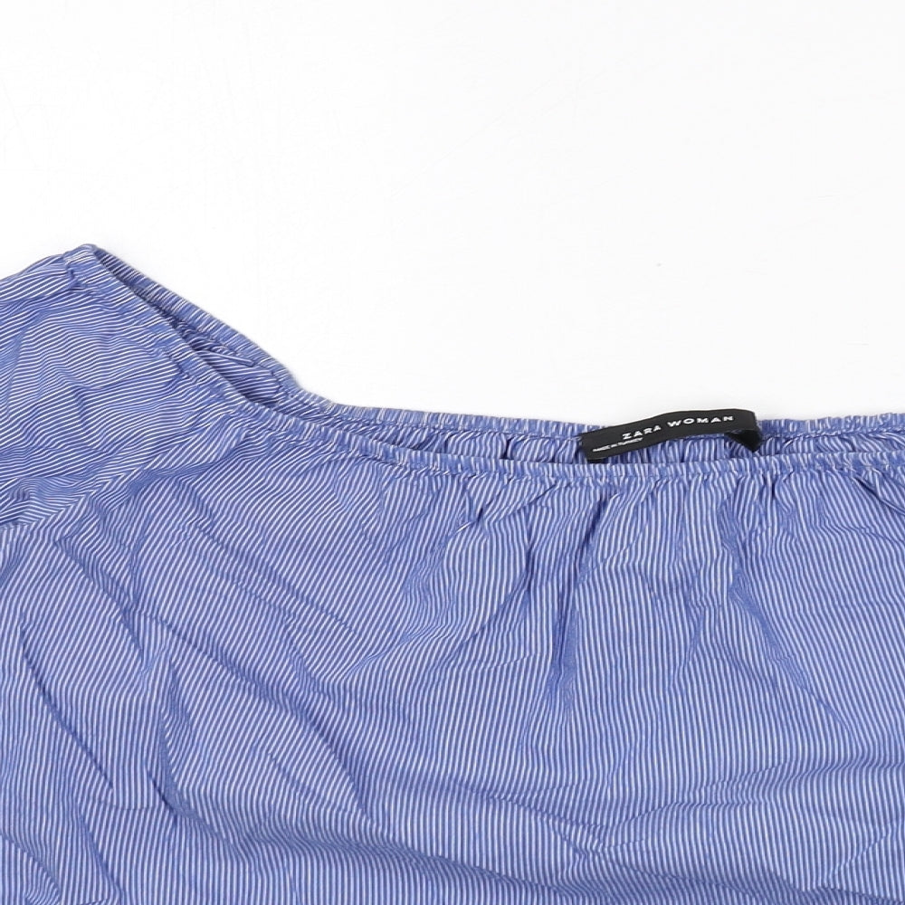 Zara Womens Blue Striped Cotton Basic Blouse Size XS Off the Shoulder - Ruffle Sleeves