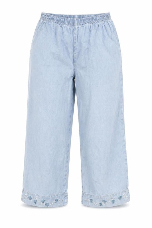 Woolworths Womens Blue Cotton Capri Jeans Size 34 in L20 in Regular - Floral Embroidery, Elastic Waist, Wide Leg