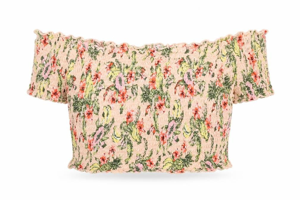 Divided by H&M Womens Pink Floral Cotton Cropped T-Shirt Size L Off the Shoulder - Shirred