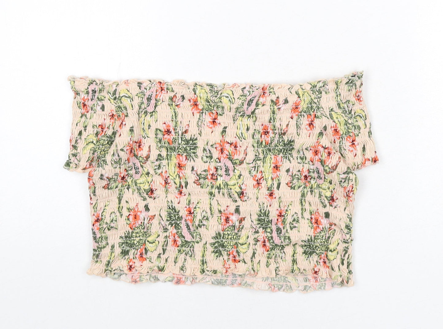 Divided by H&M Womens Pink Floral Cotton Cropped T-Shirt Size L Off the Shoulder - Shirred