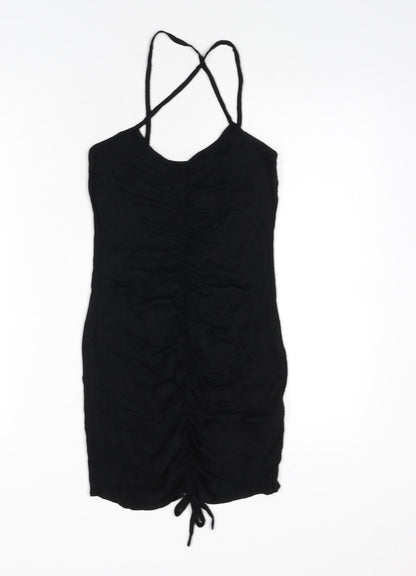 Additional front view of Missguided women’s black viscose mini, size UK 6, scoop neck pullover - ruched
