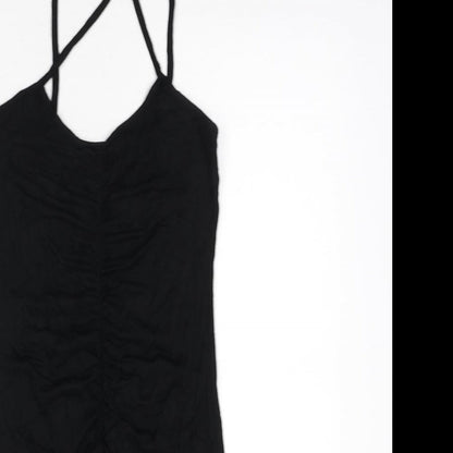 Close-up detail of Missguided women’s black viscose mini, size UK 6, scoop neck pullover - ruched