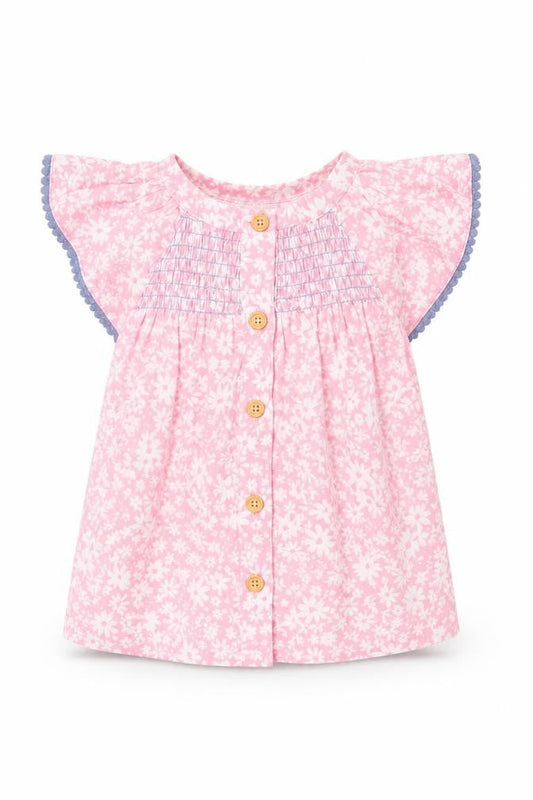 Front view of Penelope Mack girls’ pink floral 100% cotton basic blouse, size 2, years round neck button