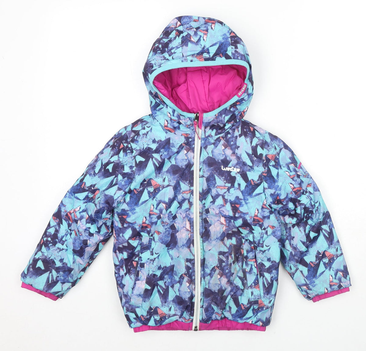 Additional front view of Decathlon girls’ multicoloured geometric puffer jacket jacket, size 5, years zip - reversible