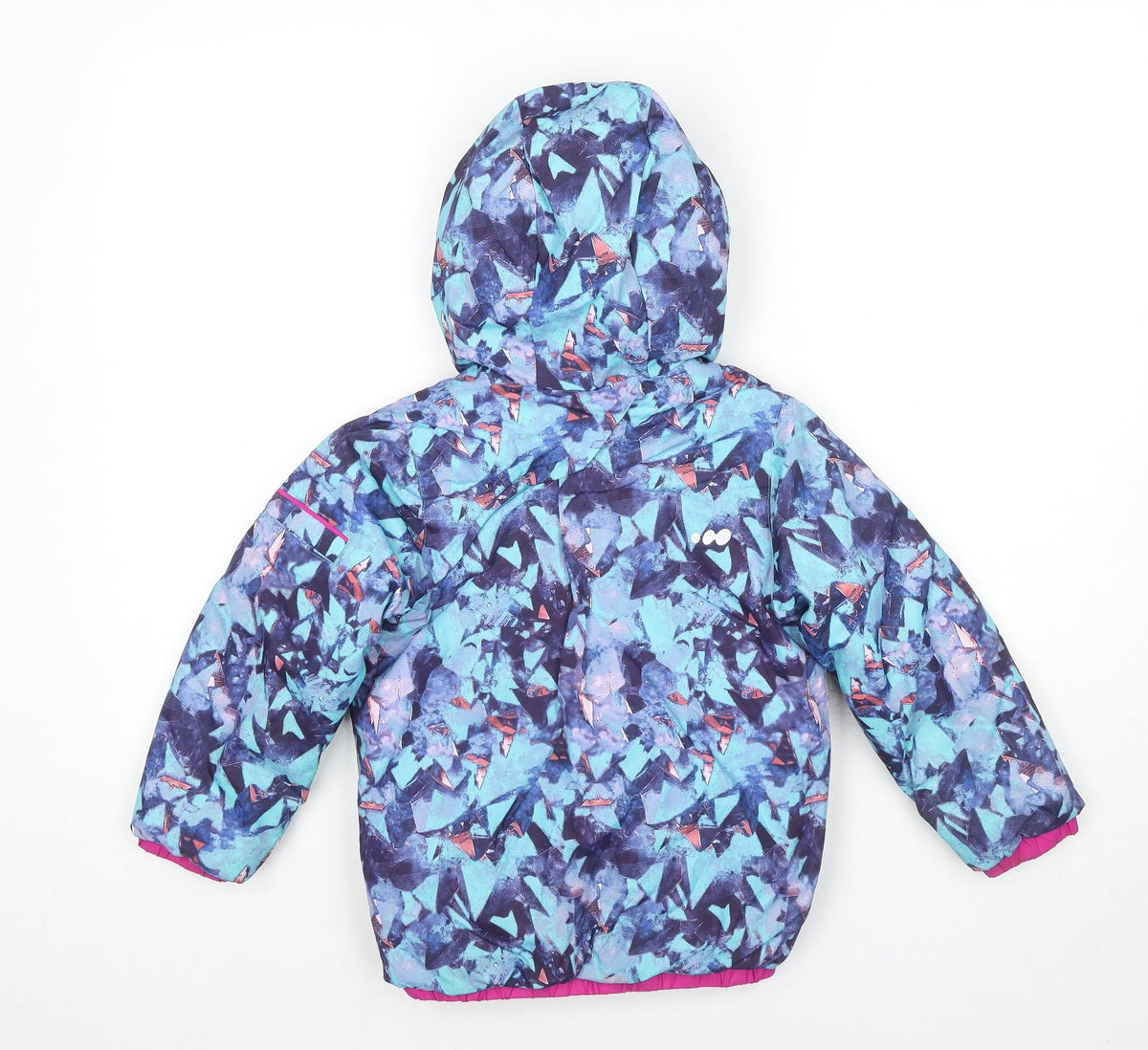 Back view of Decathlon girls’ multicoloured geometric puffer jacket jacket, size 5, years zip - reversible