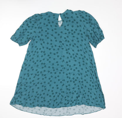 Next Womens Blue Polka Dot Viscose A-Line Size 10 Round Neck Button