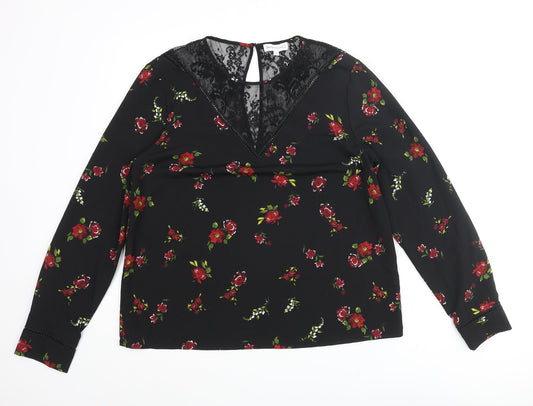 Warehouse Womens Black Floral Polyester Basic Blouse Size 14 Round Neck - Lace