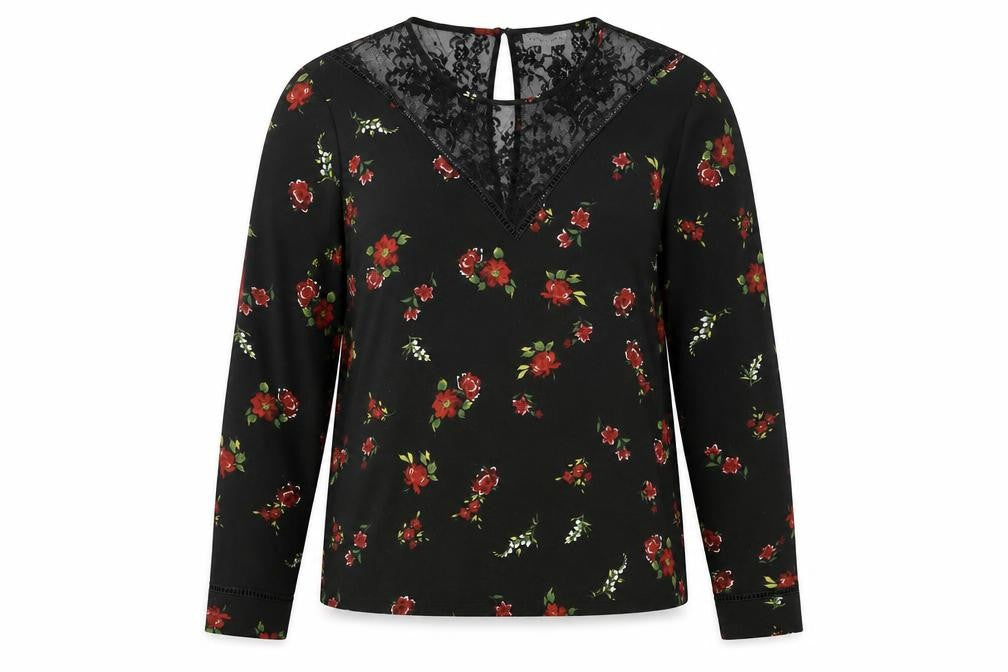 Warehouse Womens Black Floral Polyester Basic Blouse Size 14 Round Neck - Lace