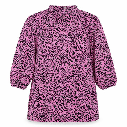 Front view of ASOS women’s pink animal print polyester mini, size UK 10, mock neck pullover - leopard print