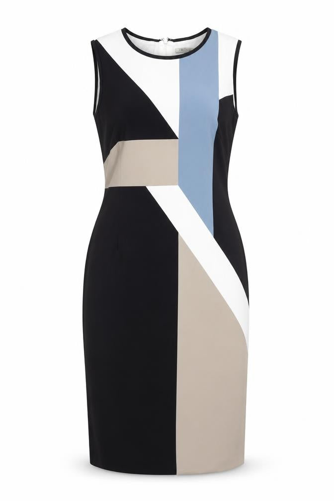 Marks & Spencer Womens Multicoloured Colourblock Polyester Pencil Dress Size 12 Round Neck Zip