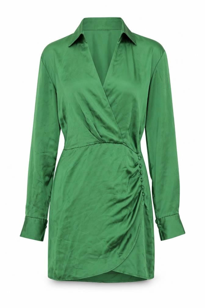 Zara Womens Green Polyester Wrap Dress Size S Collared Button