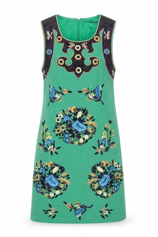 French Connection Womens Green Silk Shift Size 8 Scoop Neck Zip - Embroidered