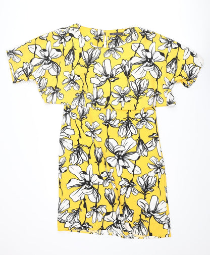 Marks & Spencer Womens Yellow Floral Polyester Shift Size 10 Round Neck Pullover