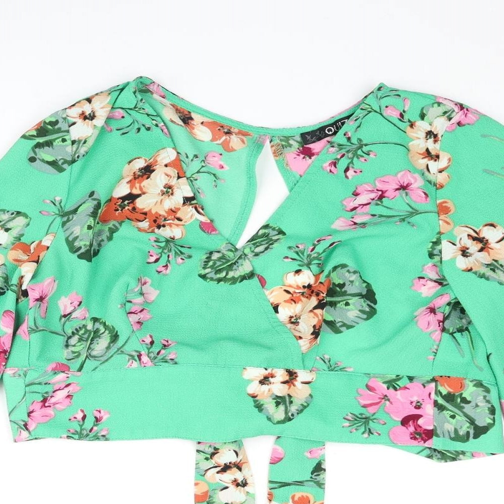 Quiz Womens Green Floral Polyester Cropped Blouse Size 6 V-Neck