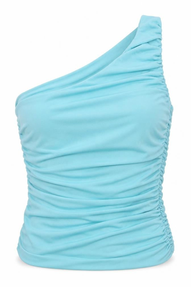COLLUSION Womens Blue Polyester Basic Tank Size 8 Off the Shoulder - Rouched