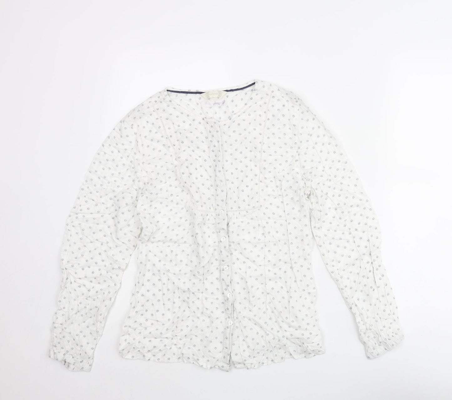BHS Womens White Geometric Modal Basic Button-Up Size 14 Round Neck