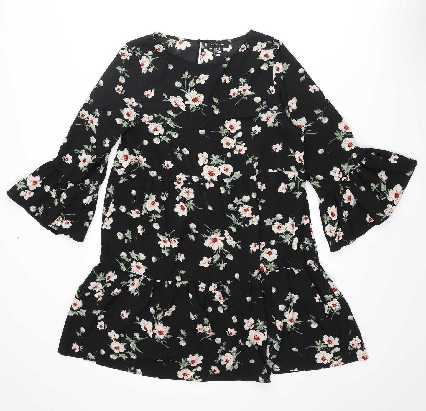 New Look Womens Black Floral Polyester A-Line Size 10 Round Neck Button - Smocked Frill