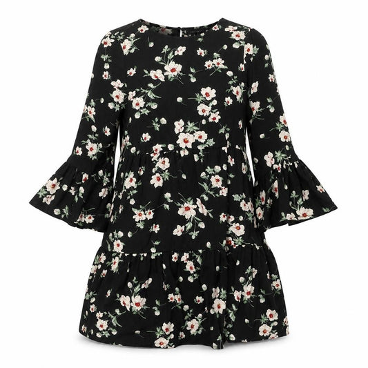 New Look Womens Black Floral Polyester A-Line Size 10 Round Neck Button - Smocked Frill