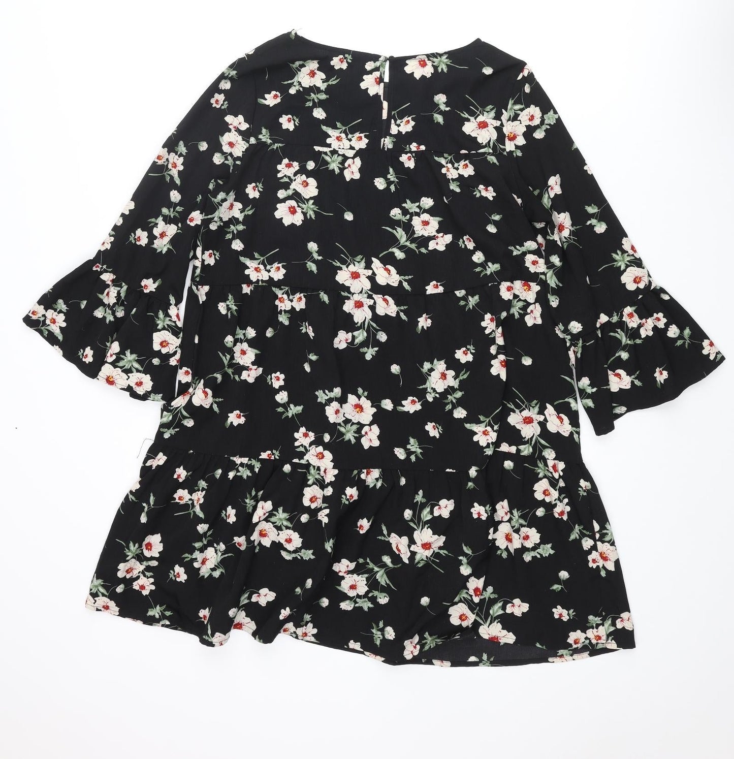 New Look Womens Black Floral Polyester A-Line Size 10 Round Neck Button - Smocked Frill