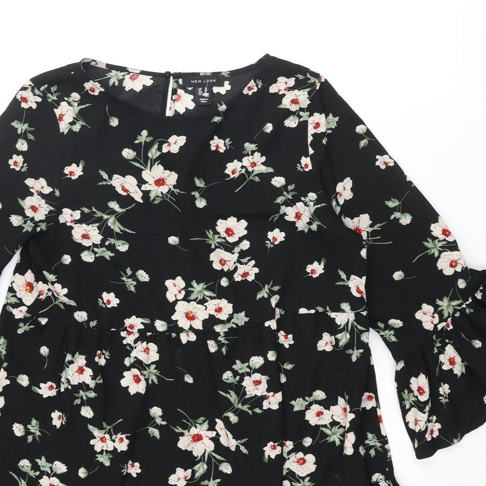 New Look Womens Black Floral Polyester A-Line Size 10 Round Neck Button - Smocked Frill