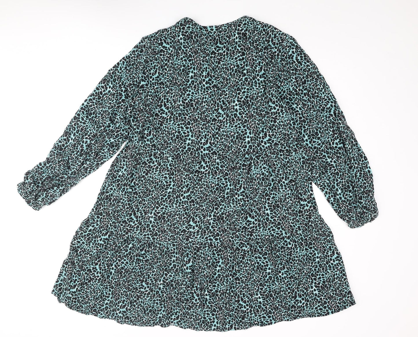 Marks and Spencer Womens Blue Animal Print Polyester A-Line Size 14 Round Neck Button - Leopard Print
