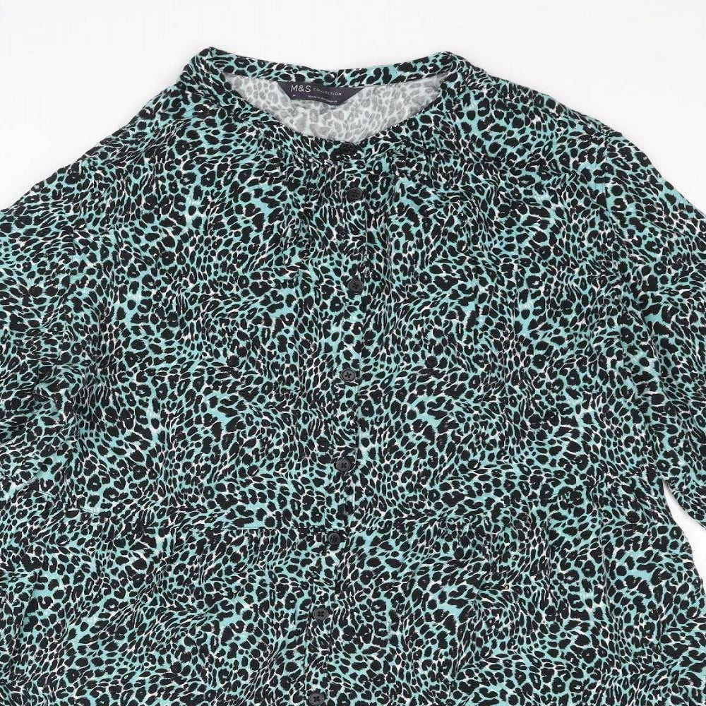 Marks and Spencer Womens Blue Animal Print Polyester A-Line Size 14 Round Neck Button - Leopard Print