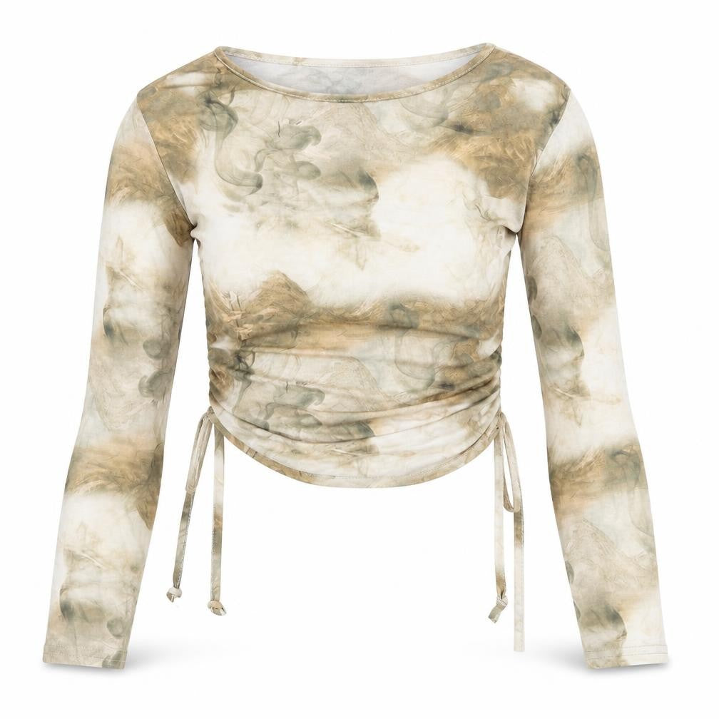 Boohoo Womens Beige Geometric Polyester Cropped T-Shirt Size 10 Round Neck - Drawstring