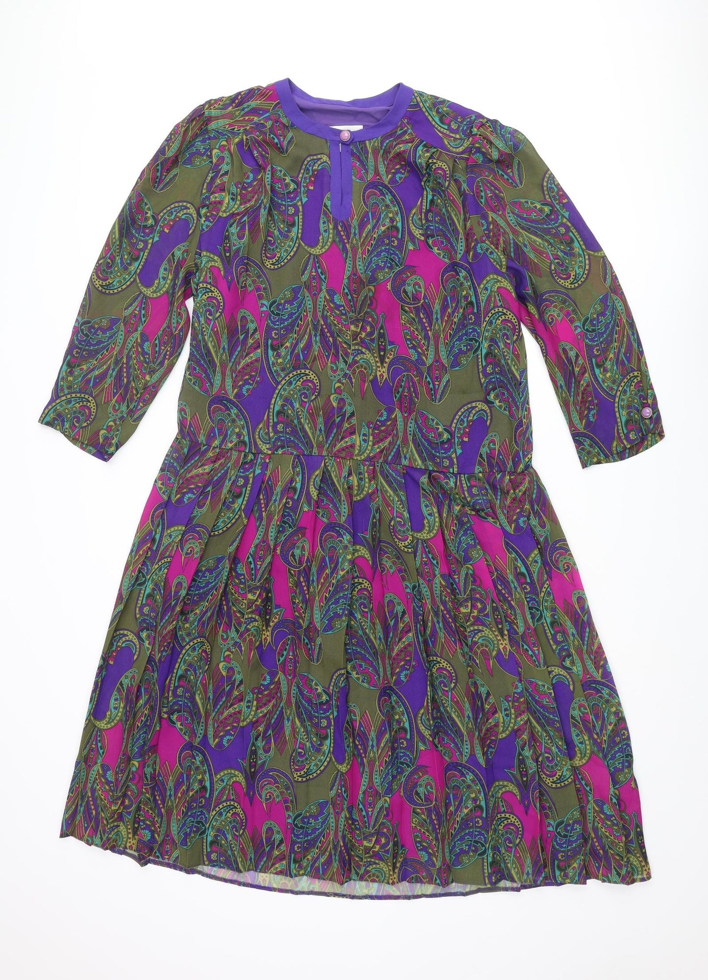 Godske Womens Multicoloured Geometric Polyester Shift Size 12 Round Neck Button - Pleated