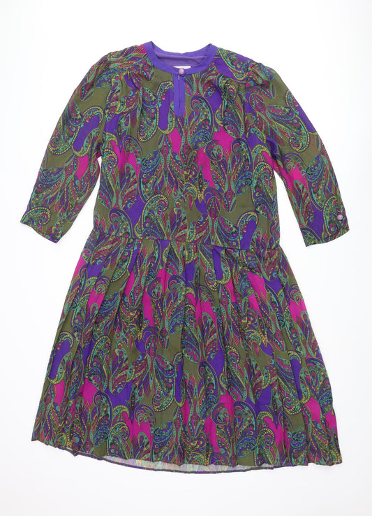 Godske Womens Multicoloured Geometric Polyester Shift Size 12 Round Neck Button - Pleated