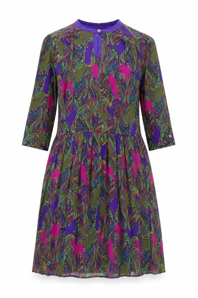 Godske Womens Multicoloured Geometric Polyester Shift Size 12 Round Neck Button - Pleated