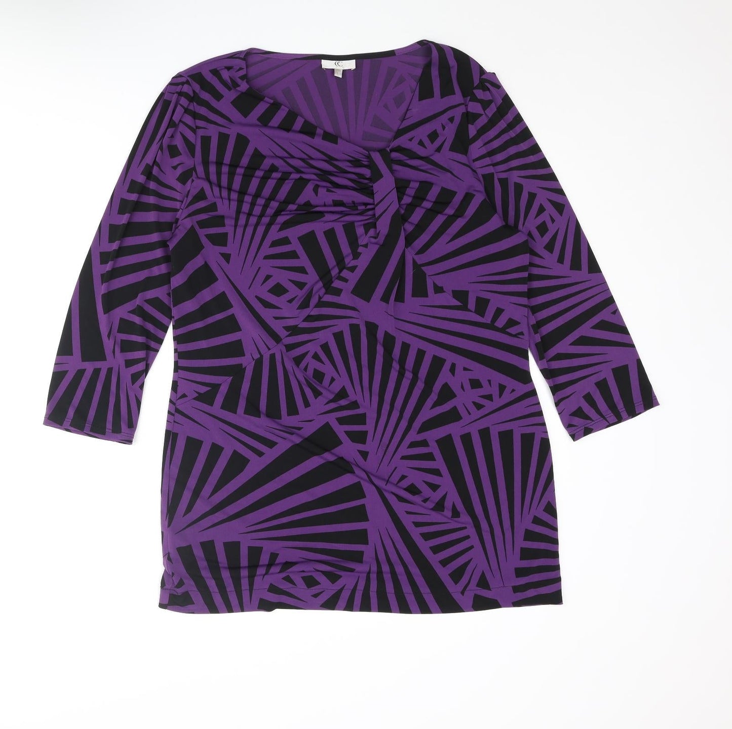 CC Womens Purple Geometric Polyester Basic Blouse Size L V-Neck - Rouched